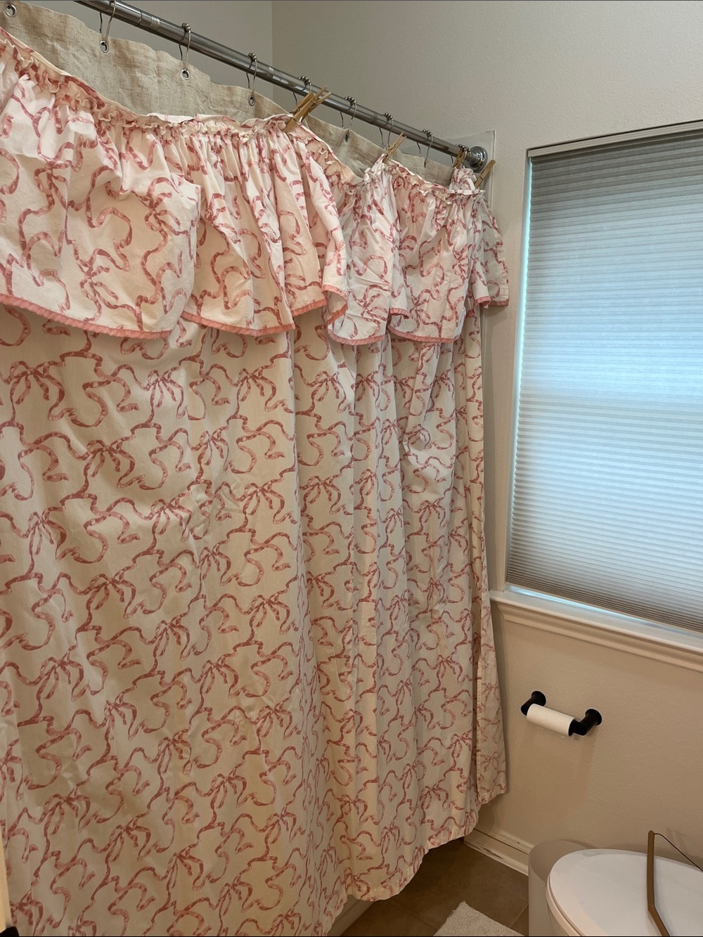 Ruffled Shower Curtain with Pink Coral Print